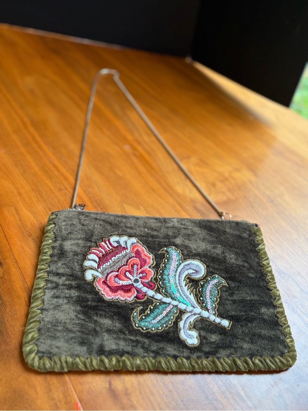 Steve Madden Olive Velvet Embroidered Floral Crossbody Pouch Gold Snake Chain